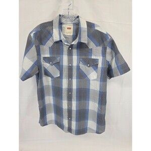 Levis Western Pearl Snap Plaid Cowboy Shirt Short Sleeve Standard Fit Size Large